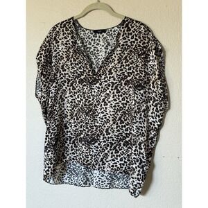 Ruti Leopard Print Blouse Sheer V-Neck Top Women's M Oversized Boho Chic